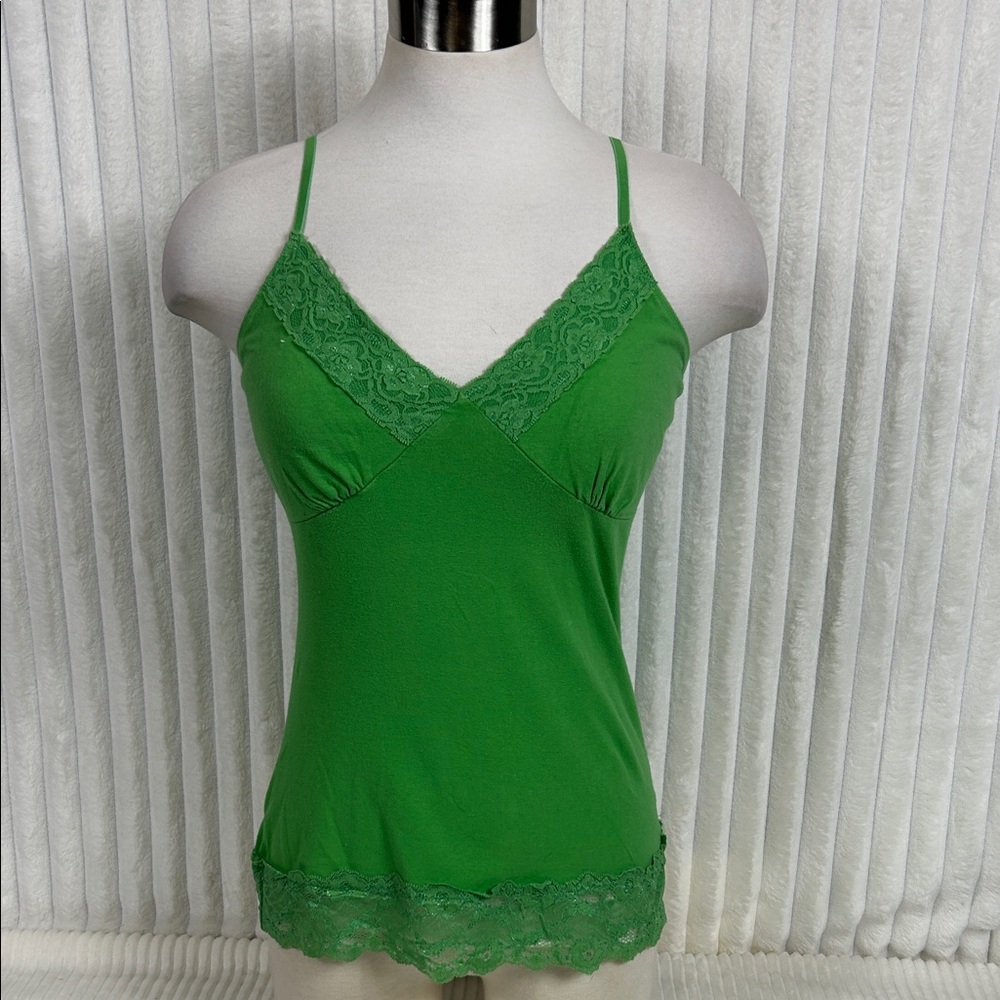 Y2K lime green lace, trimmed lightly padded cami tank top M